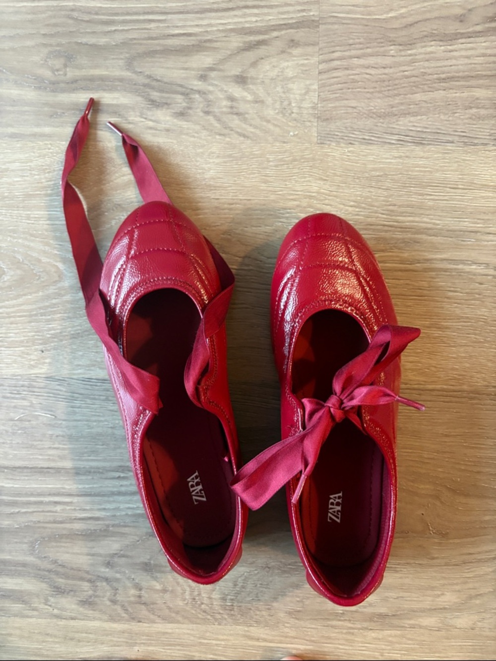 Zara Red Quilted Ballet Flats with Ribbon Tie